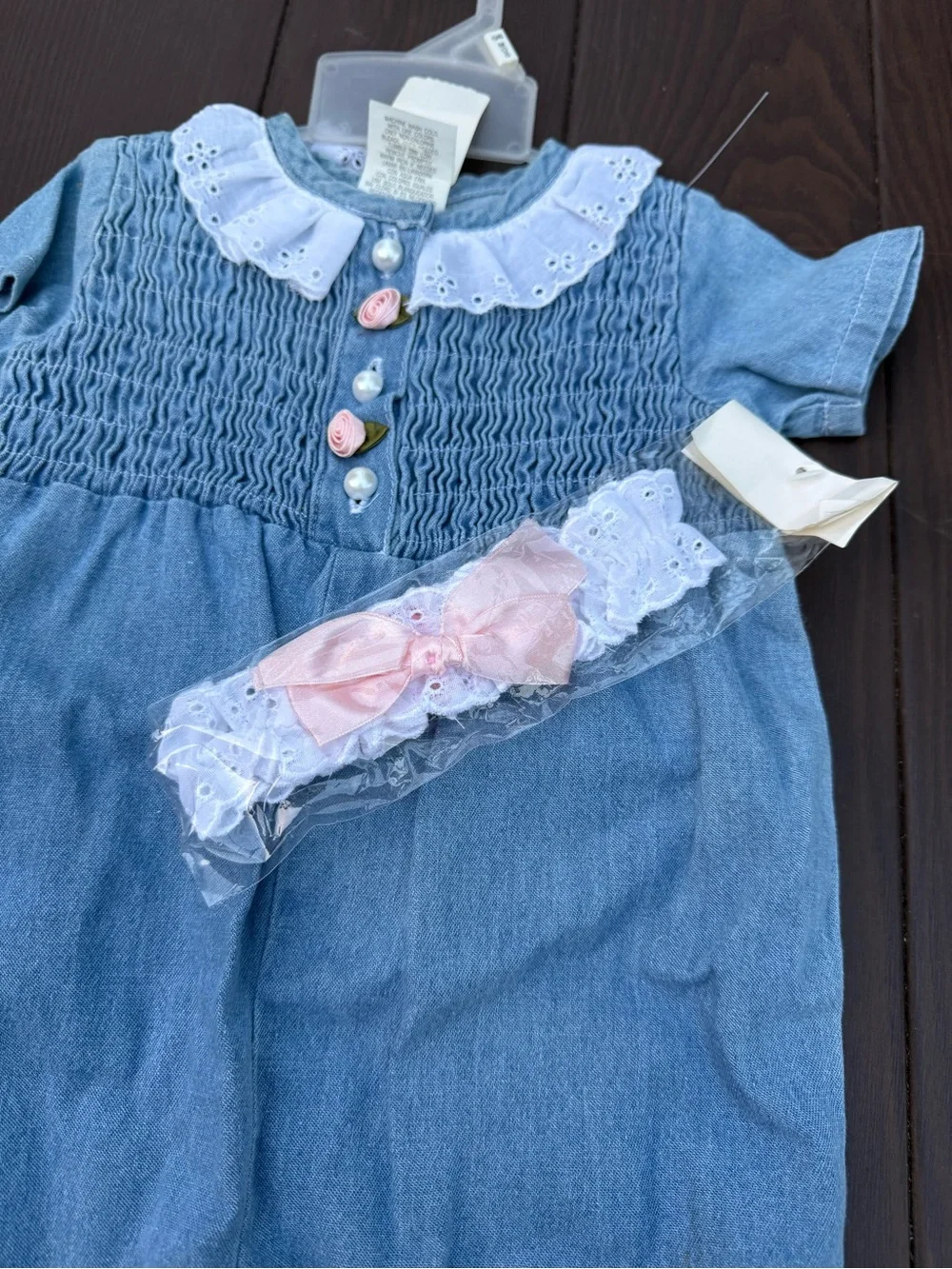 Vintage Blue Smocked Baby One-Piece Eyelet Collar hills department